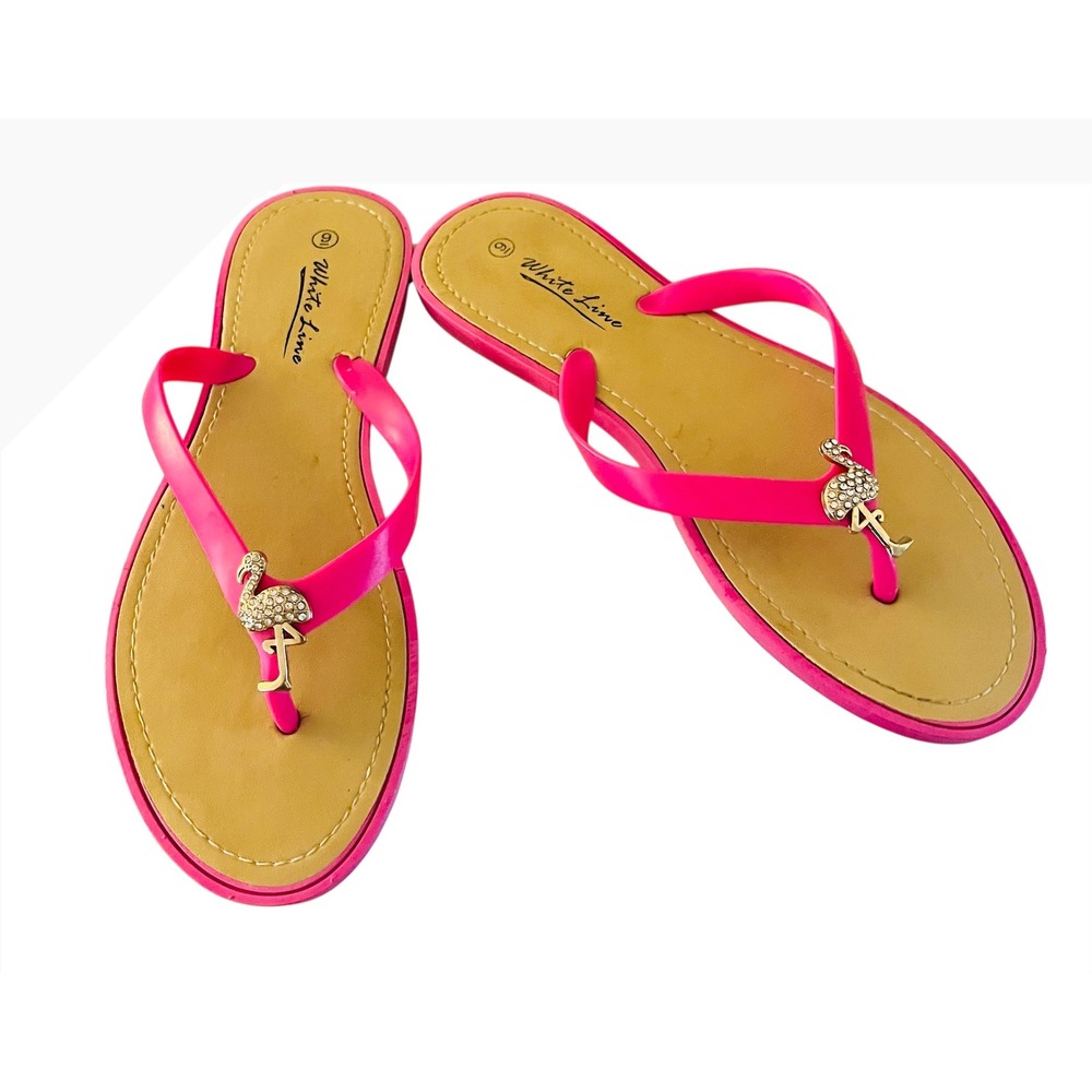 White Line Flamingo Sandals Rhinestone Thong‎ Hot Pink Summer Beach Pool Size 9 - Picture 2 of 5